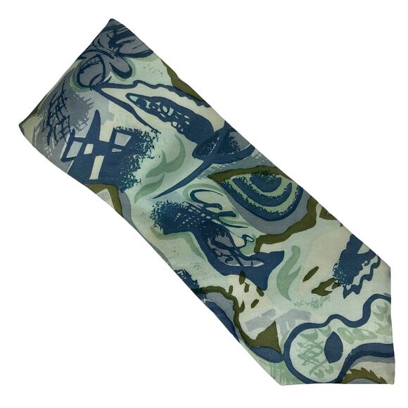 Blue, Green and Cream Abstract Design Tie - Picture 2 of 5